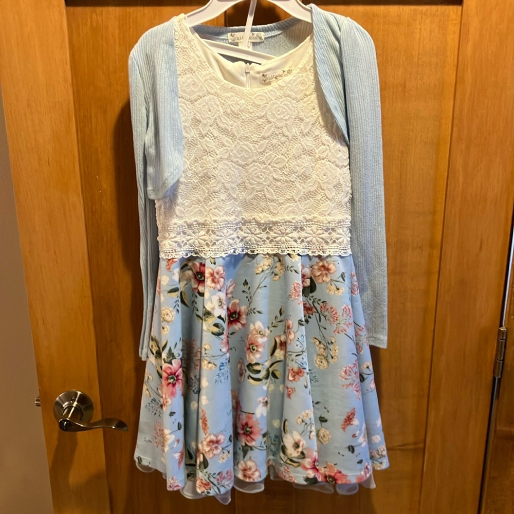 Knitworks Blue Floral Lined Dress with Cream Lace Overlay Scoop neck w jacket